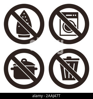 Ironing is not allowed, no washing machine, no cooking and don`t throw trash sign isolated on white background Stock Photo